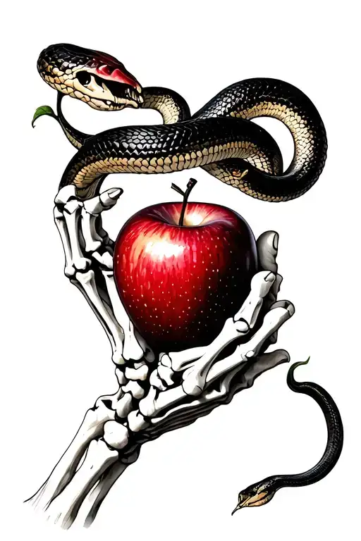 Adam and Eve skeletal hand holding apple with snake around it realism  tattoo design idea