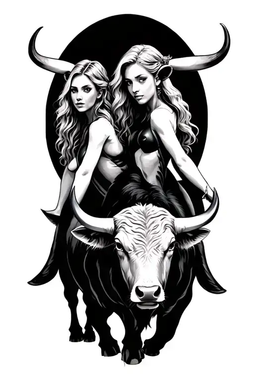 taurus male bull and female Gemini twins human riding it tattoo design idea
