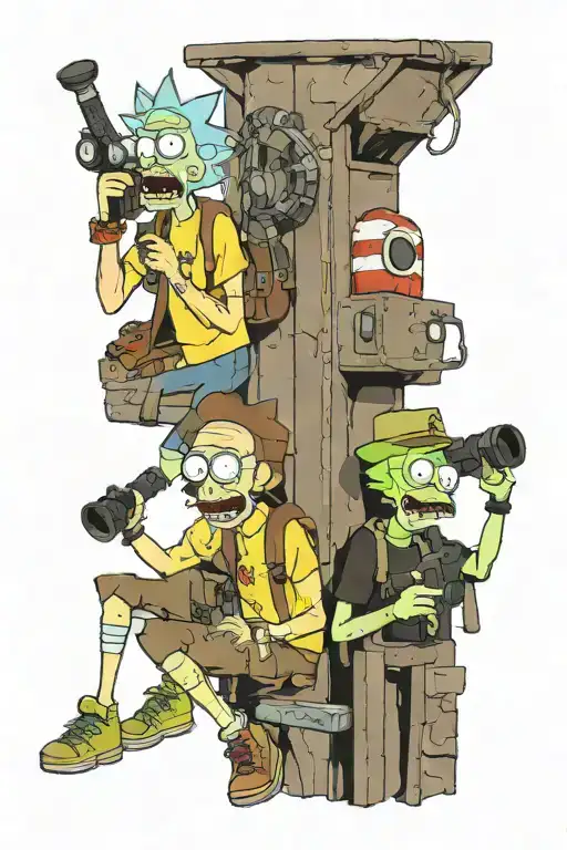 nik praskaton and rick from "Rick and Morty" searching for Waldo from "where's Waldo" with binoculars through portal tattoo design idea