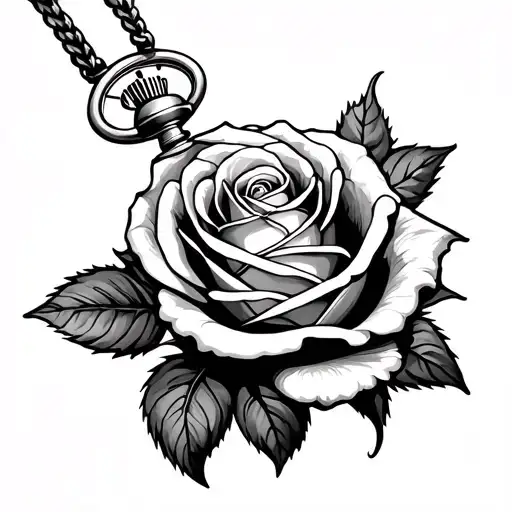rose with a pocket watch neo trad tattoo design idea