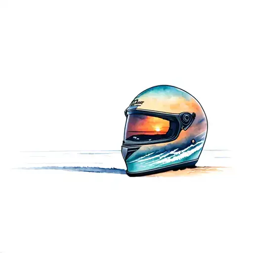 motorcycle helmet with reflexion of sunset on the beach in the visor front facing tattoo design idea