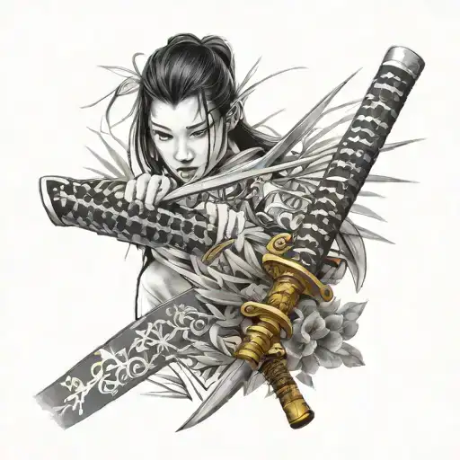 katana and reeds with Japanese Black Grey background tattoo design idea