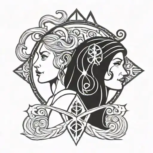 Aquarius zodiac sign, number 5, father and daughter, Nordic runes Freya, Viking rune guidance, love  tattoo design idea