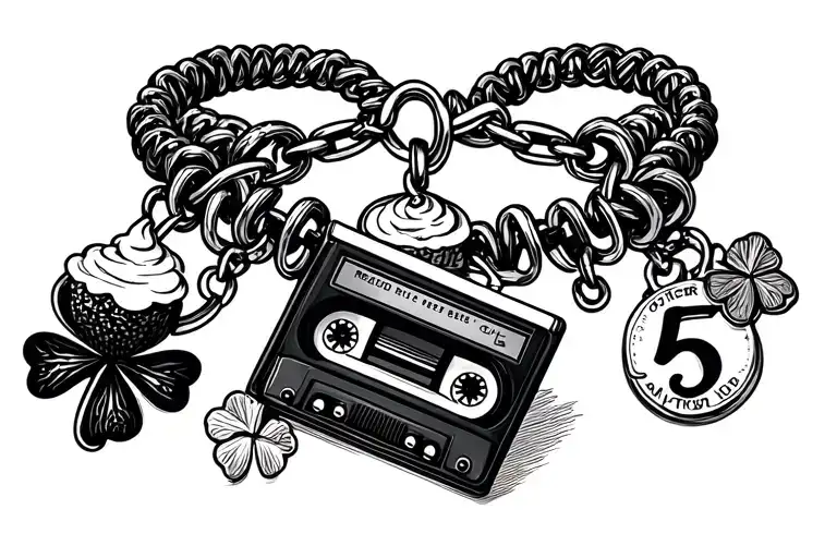 Charm bracelet with a root beer float charm, and a  cassette player charm,and a four leaf clover cha and the number five tattoo design idea