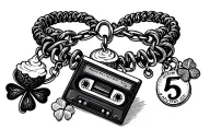 Charm bracelet with a root beer float charm, and a  cassette player charm,and a four leaf clover cha and the number five tattoo design idea