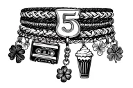 Charm bracelet with a root beer float charm, and a  cassette player charm,and a four leaf clover cha and the number five tattoo design idea