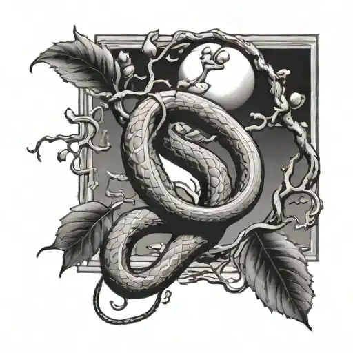 A biblical scene of creation with a snake intertwined around an apple tree tattoo design idea
