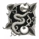 A biblical scene of creation with a snake intertwined around an apple tree tattoo design idea