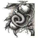 A biblical scene of creation with a snake intertwined around an apple tree tattoo design idea