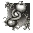 A biblical scene of creation with a snake intertwined around an apple tree tattoo design idea