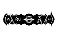 A creative representation of hate and far-right ideologies using Norse mythology symbols and clandestine imagery, in a black-grey style tattoo design idea