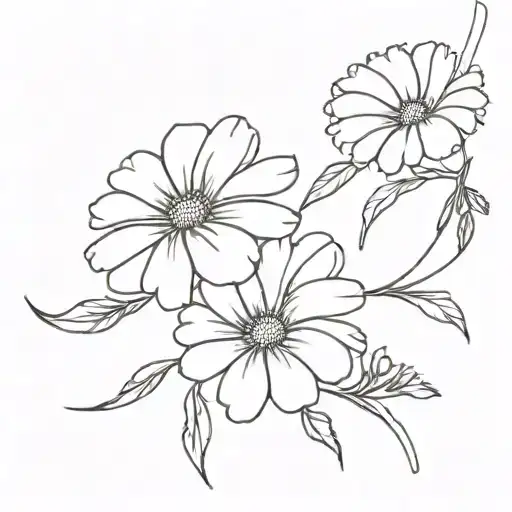 A simple, fine line tattoo, black and white, a bouquet of daisies and carnations tattoo design idea