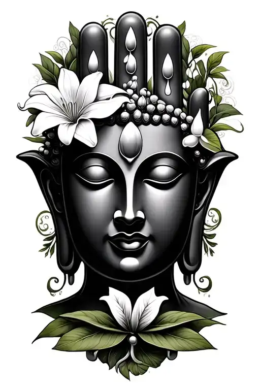 buddha, hamsa hand, lily of the valley flower, lo fantasía oscura de tattoo design idea