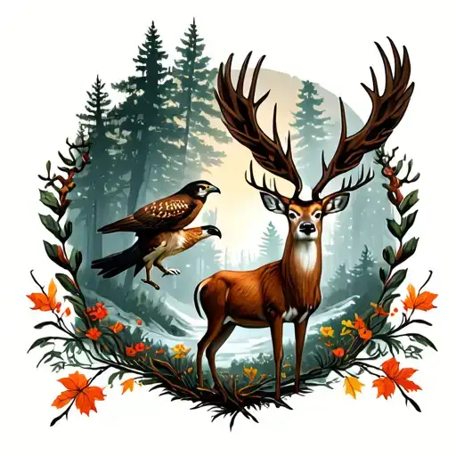 A mystical forest scene with a deer and a hawk symbolizing the connection between hunting and spirituality tattoo design idea
