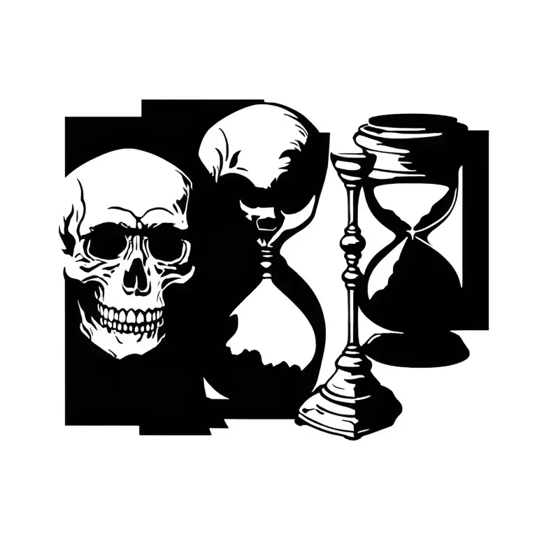 skull and hourglass with a shadow figure in it. tattoo design idea