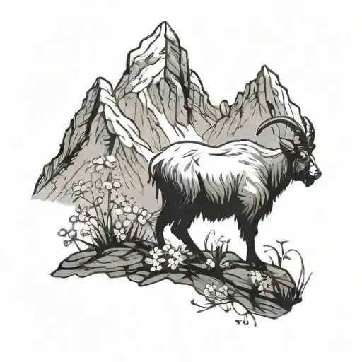mountain goat silhouette a mountain, small daisies, minimalist tattoo design idea