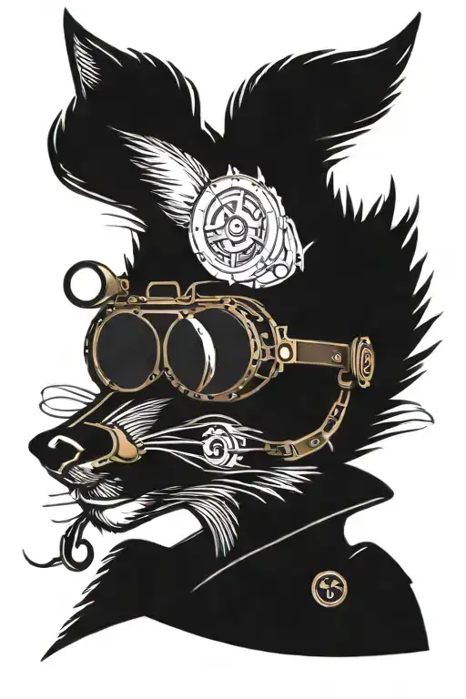 STEAMPUNK FOX WITH GOGGLES TATTOO SOLID BLACK WORK LINE WORK SIMPLE LINES WITH SMALL AMOUNT OF SHADING tattoo design idea