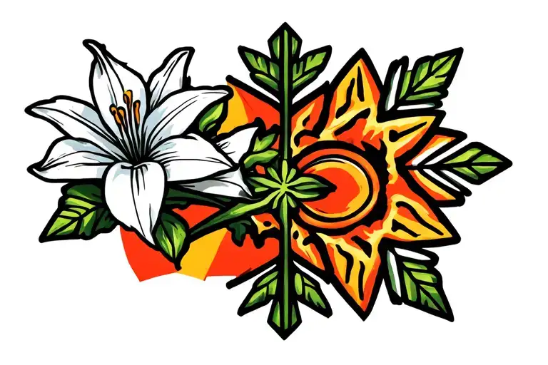 rising sun snowflake and a lily flower tattoo design idea
