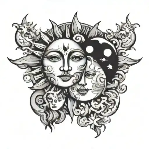 sun and moon, black and white ink only, cloud details included, faces on both sun and moon, bold dark lines tattoo design idea