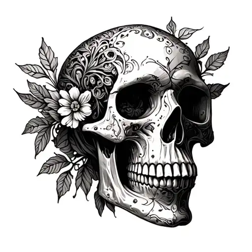 skull half turned  looking bit lower wraped with many filigree leaves tattoo design idea