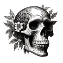 skull half turned  looking bit lower wraped with many filigree leaves tattoo design idea