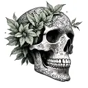 skull half turned  looking bit lower wraped with many filigree leaves tattoo design idea
