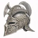 roman gladiator helmet surrounded, survived brain tumor surgery tattoo design idea