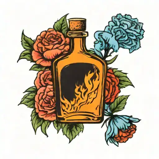 fireball whiskey bottle holding blue carnation flower tattoo design idea