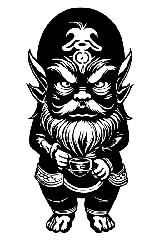 zen garden gnome with an evil tattoo design idea