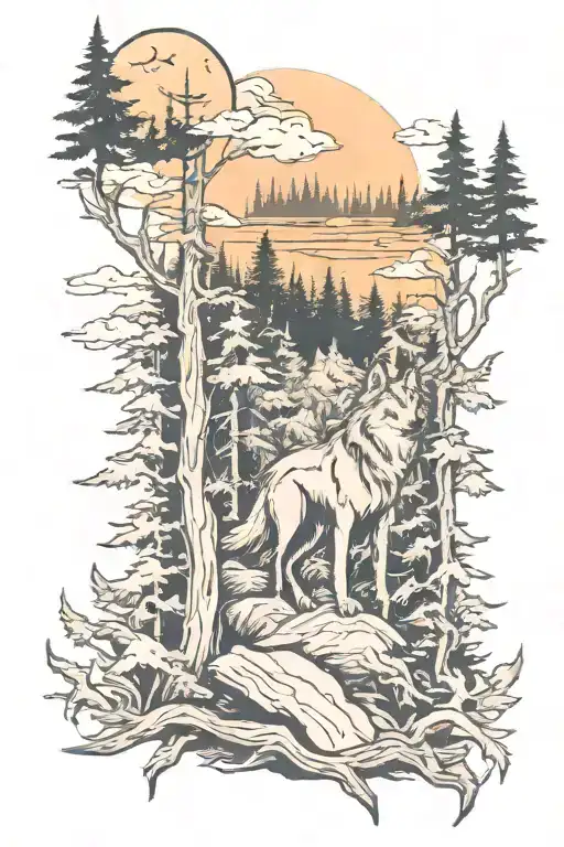 forest with wolf howling tattoo design idea