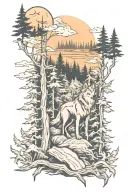 forest with wolf howling tattoo design idea