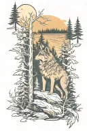forest with wolf howling tattoo design idea
