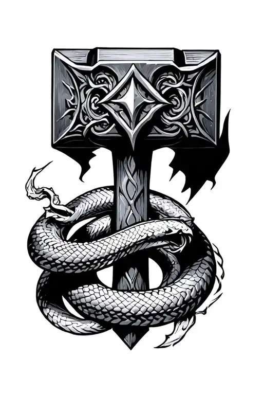 thors hammer head down with ligtning and snake wrapped around tattoo design idea