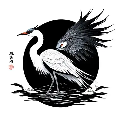 crane in japanese style with background tattoo design idea