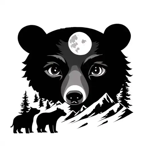 Bear eyes looking over three cub silhouettes with mountains and trees, the moon for a chest piece tattoo design idea