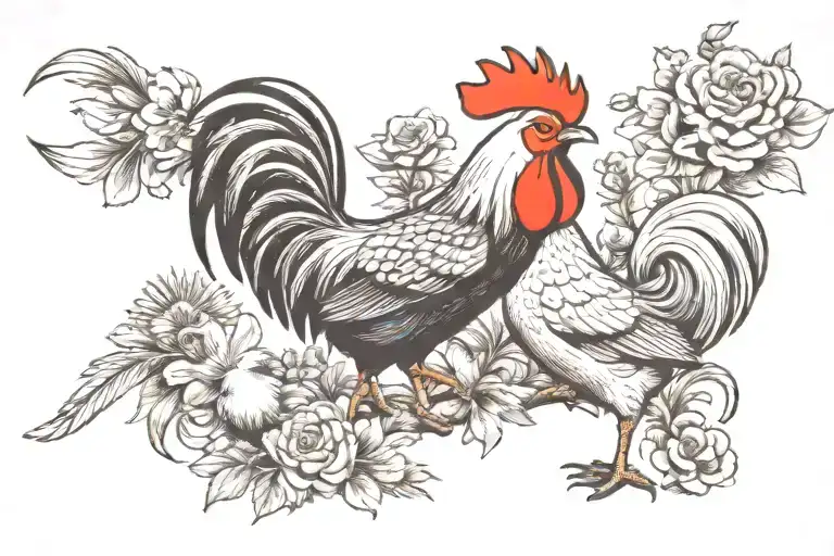 rooster leading a hen followed by a fox and then a bunny symbolizing family members tattoo design idea