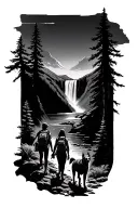 Hiking on the mountain with a waterfall, mom with twins, two dog breed Australia Shepheard, Falke, tattoo design idea
