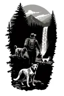 Hiking on the mountain with a waterfall, mom with twins, two dog breed Australia Shepheard, Falke, tattoo design idea