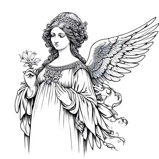 Blackwork and Fine Line style tattoo of a Renaissance angel. The focus is on the serene look and calm posture, lily background tattoo design idea