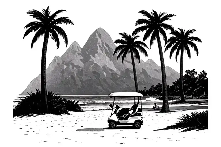 Golf course surf beach golf cart pier palm trees mountains tattoo design idea