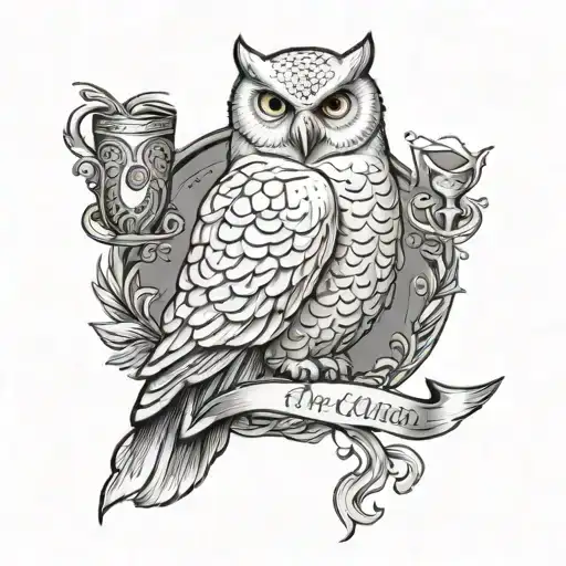 Snowy owl Hedwig with scroll in her claw and a felix felicis drinking from the other claw tattoo design idea