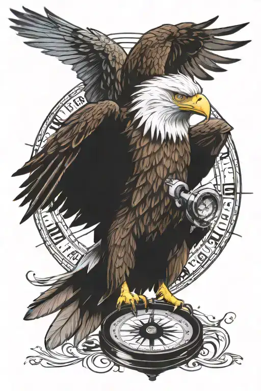 aggressive eagle flying head on holding a compass rose  tattoo design idea