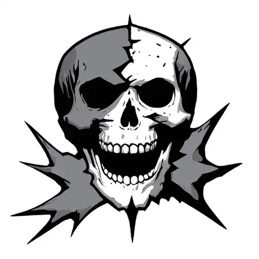 semi omni mask broken with a skull behind the mask showing half of its face tattoo design idea