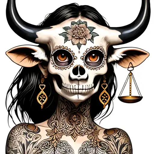woman body bull with sugar skull markings, brown eyes and two Libra scales with extra dark background tattoo design idea