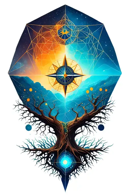 A geometric space landscape inspired by a tree of life and incorporating metatron cube with a compass tattoo design idea