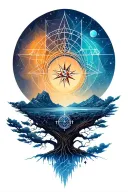 A geometric space landscape inspired by a tree of life and incorporating metatron cube with a compass tattoo design idea