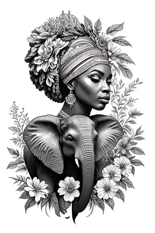 half Nigerian queen & elephant surrounded by flowers growing tattoo design idea