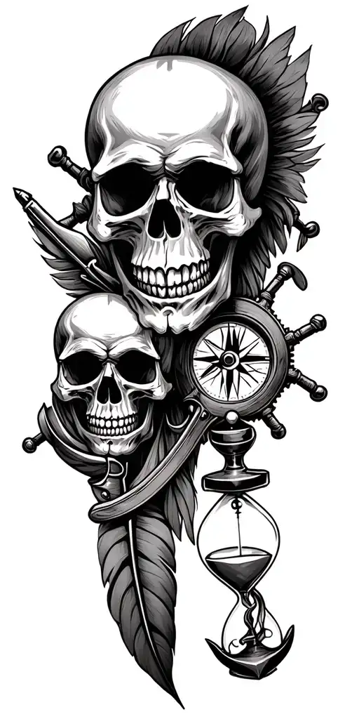 skulls, flintlock pistol, cutlass, quill pen, nautical compass, fouled anchor, ship's wheel, hourglass tattoo design idea