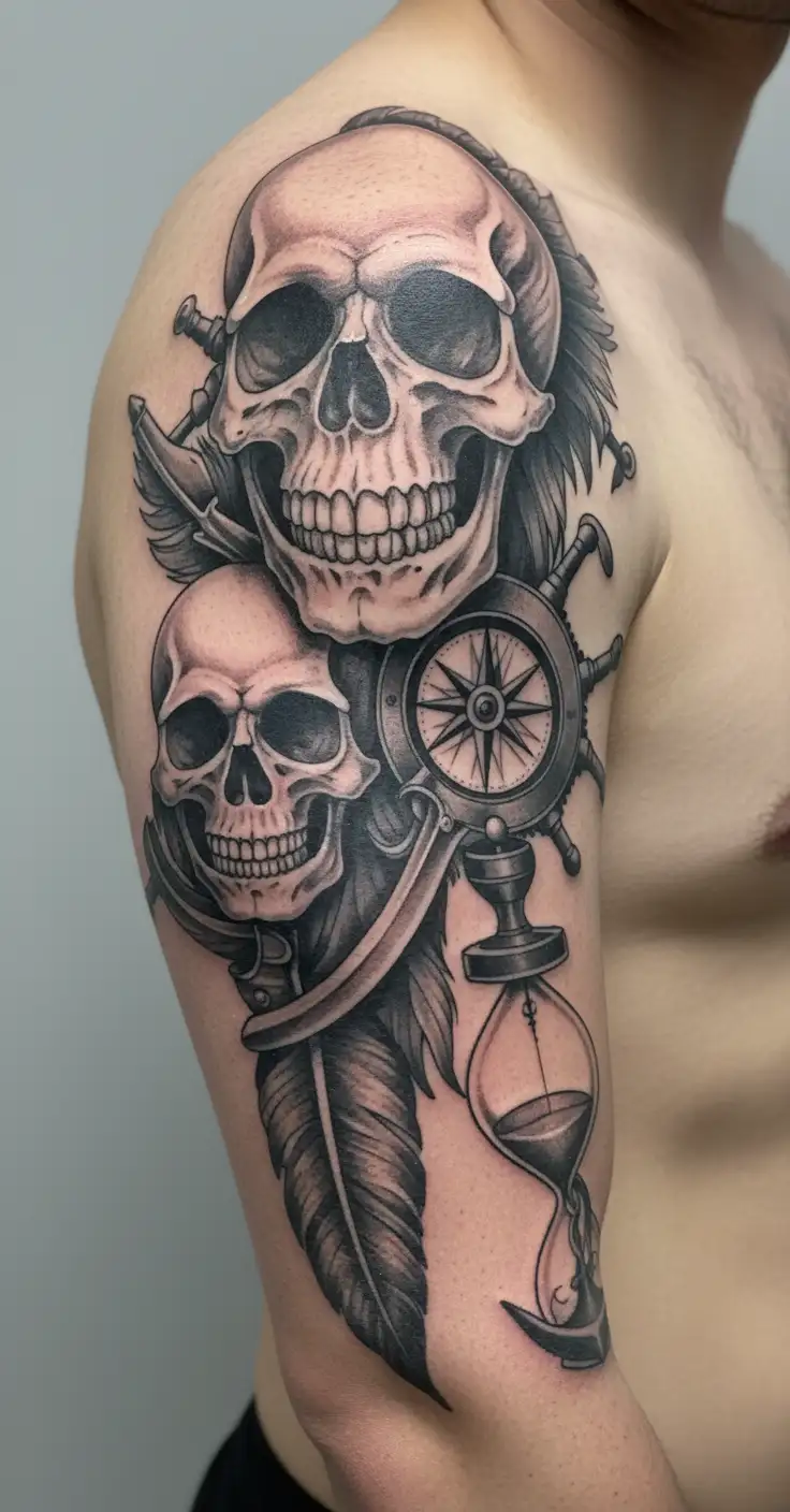 skulls, flintlock pistol, cutlass, quill pen, nautical compass, fouled anchor, ship's wheel, hourglass tattoo design idea