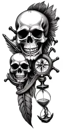 skulls, flintlock pistol, cutlass, quill pen, nautical compass, fouled anchor, ship's wheel, hourglass tattoo design idea